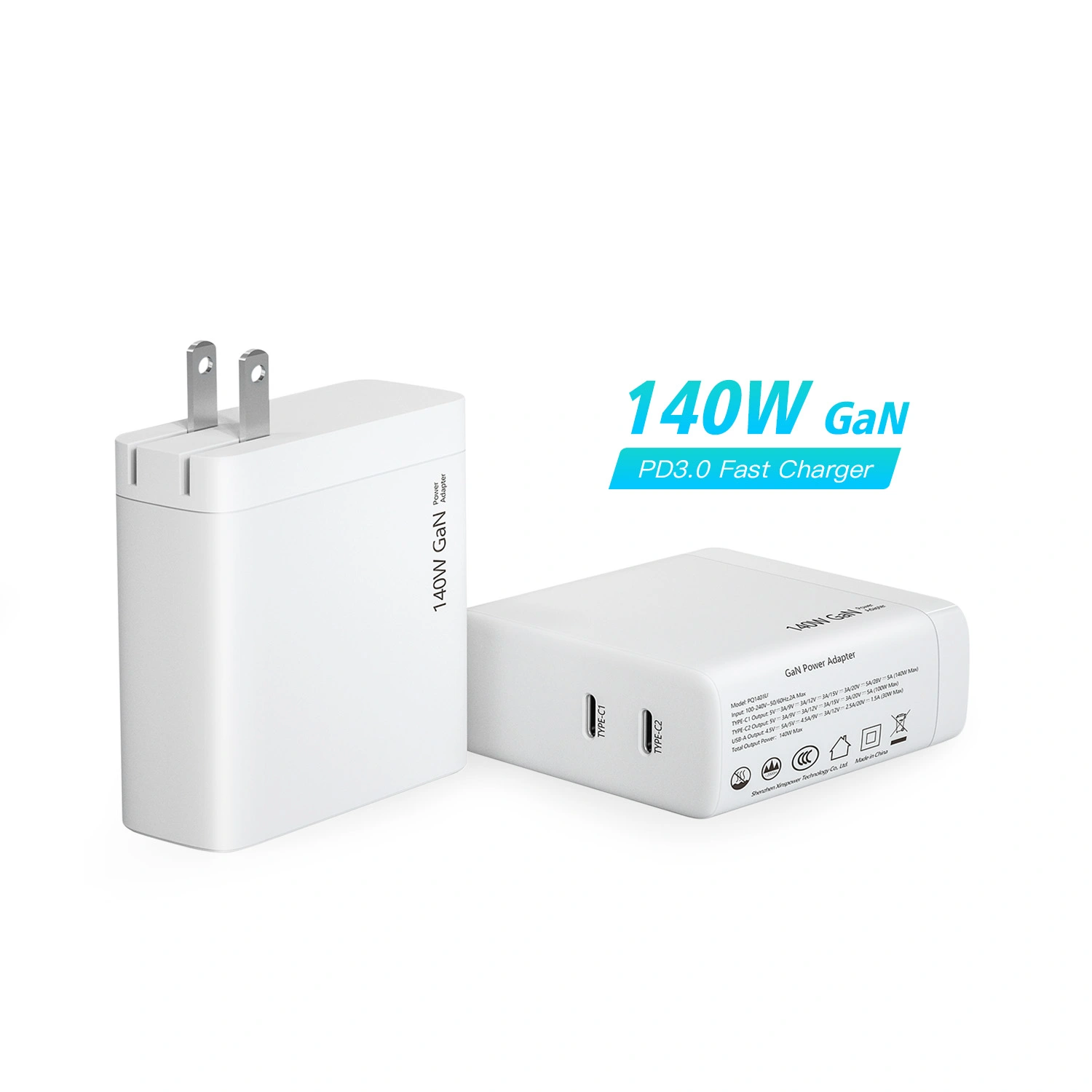 140 W kaksois-usb-c-portti PD-laturi US-pistoke taitettava