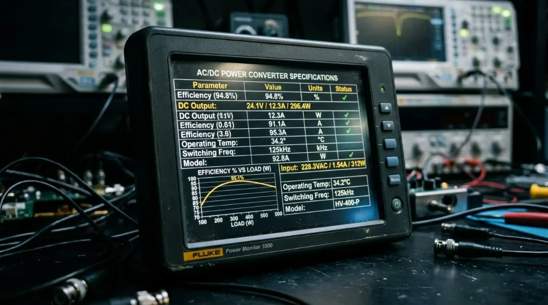 A detailed technical specification table displayed on a digital screen, highlighting efficiency metrics and electrical input/output data.